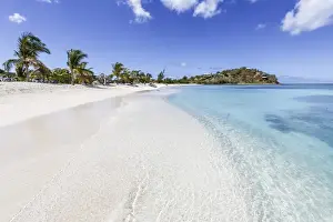 Ffryes Beach Prints: Palm trees and white sand surround the turquoise Caribbean sea, Ffryes Beach, Antigua