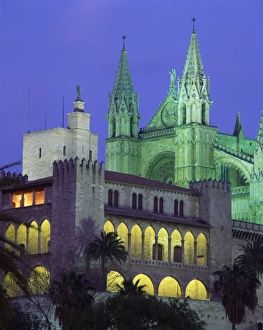 The Palma Bay cathedral illuminated at night, on Majorca, Balearic Islands, Spain, Europe