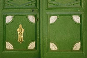 Door Knocker Prints: Detail of panels in a door with knocker at Piedrahita