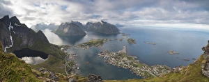 Moskenesoya Prints: Panorama of the blue lake and sea framed by rocky peaks, Reinebringen, Moskenesoya