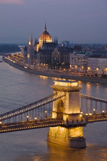 Panorama of city at dusk with the Hungarian Parliament building, and the Chain bridge