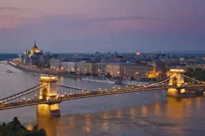 Parliament Building Prints: Panorama of the city at sunset with the Hungarian Parliament building