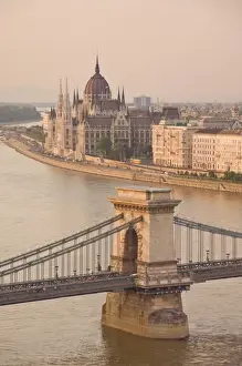 Parliament Building Prints: Panorama of city at sunset with neo-gothic Hungarian Parliament building
