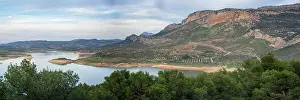 Fuel And Power Generation Prints: Panorama Landscape of Gobrantes and Guadalhorce water reservoir dam at sunset