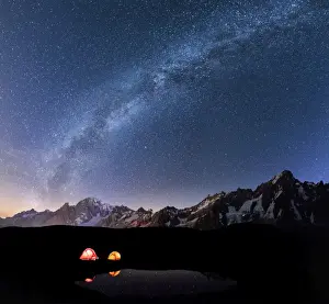 Graian Alps Prints: Panorama of Mont Blanc, Mont De La Saxe and Grand Jorasses under the starry sky