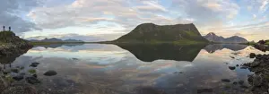 Pink Sky Prints: Panorama of pink clouds and peaks reflected in water at night time, Vengeren, Vagspollen