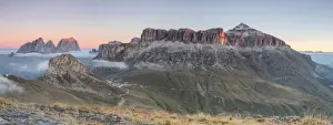 Canazei Prints: Panorama of Sass Beca Sassolungo and Piz Boa at dawn from Cima Belvedere, Canazei