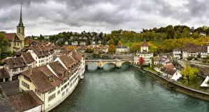 Bern Prints: Panoramic of Aare River and Untertorbrucke bridge in the Old Town (Altstadt), Bern