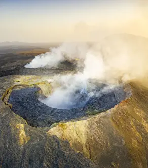 Panoramic aerial view of the active Erta Ale volcano caldera, Danakil Depression