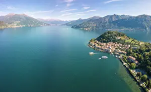 Lake Como Prints: Panoramic aerial view of Bellagio on green promontory surrounded by Lake Como