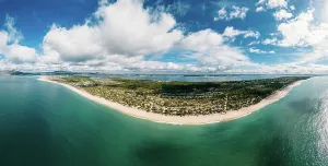 Exclusive Prints: Panoramic aerial view of Comporta and Troia beaches showcasing the coastline near Setubal