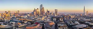 Pauls Cathedral London Prints: Panoramic aerial view of London City skyline at sunset taken from St