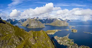 Reine Prints: Panoramic aerial view of Reine Bay, Moskenes, Nordland, Lofoten Islands, Norway