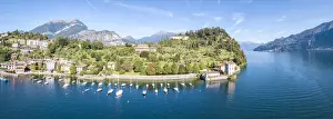 Lake Como Prints: Panoramic aerial view of sailboats in Lake Como around the village of Pescallo, Bellagio