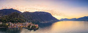Lake Como Prints: Panoramic aerial view of Varenna and Lake Como at sunrise, Lecco province, Lombardy