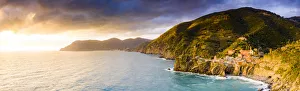 Cinque Terre Prints: Panoramic aerial view of Vernazza at sunset, Cinque Terre, UNESCO World Heritage Site