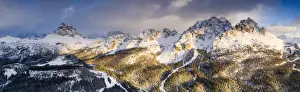 Drone Shot Prints: Panoramic by drone of Cadini di Misurina peaks and Tre Cime di Lavaredo at sunset