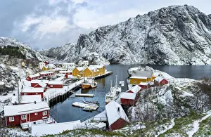 Cabin Prints: Panoramic of the fishing village of Nusfjord and harbor covered with snow in winter