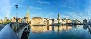 Zurich Prints: Panoramic of Fraumunster church and Limmat River seen from Munsterbrucke bridge