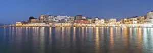 Chania Prints: Panoramic of the illuminated old town and Venetian harbour of Chania at dusk, Crete
