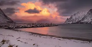 Senja Prints: Panoramic image of Ersfjorden and The Devils Teeth viewed from Ersfjordstranda beach at sunset in winter