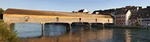 Footbridge Prints: Panoramic image of the historic wooden bridge over the Rhine River