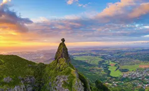 Mauritius Prints: Panoramic of Le Pouce mountain and Pieter Both towards the Indian Ocean sunset, aerial