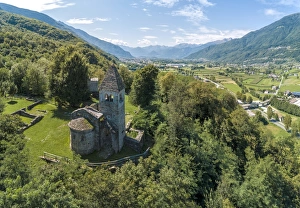 Panoramic of medieval Abbey of San Pietro in Vallate from drone, Piagno, Sondrio province
