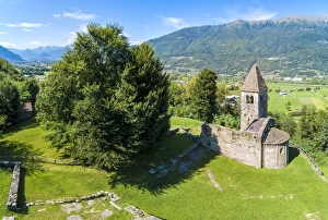 Panoramic of medieval Abbey of San Pietro in Vallate from drone, Piagno, Sondrio province