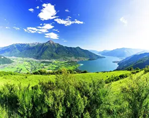 Lake Como Prints: Panoramic of Monte Legnone and Alto Lario from green meadows above Lake Como