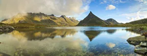 Nordland Prints: Panoramic of mount Volanstinden and fjord, Fredvang, Nordland county, Lofoten Islands