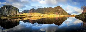 Lofoten Islands Prints: Panoramic of mountains reflected in the calm waters of a fjord at dawn