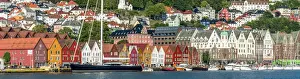 Panoramic of the multi coloured facades of buildings in Bryggen, UNESCO World Heritage