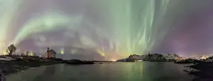 Nordland Prints: Panoramic of Northern Lights (Aurora borealis) on Gimsoy, Gimsoyand, Vagan municipality