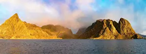 Reine Prints: Panoramic of Olstind and Festhelltinden mountains in the mist at dawn