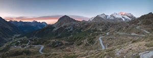Poschiavo Valley Prints: Panoramic of the road bends of Bernina Pass at dawn, Poschiavo Valley, Engadine