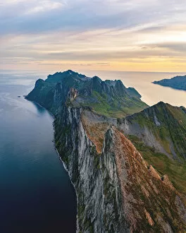 Landscapes Collection: Panoramic of Segla, Hesten and Inste Kongen mountains at sunrise, Senja island
