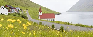 Mountain Village Prints: Panoramic of the traditional village of Husar, Kalsoy Island, Faroe Islands, Denmark