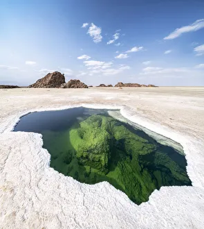 Ethiopia Prints: Panoramic of the transparent water of natural pond in the salt pan, Danakil Depression