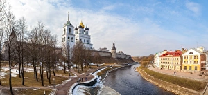 Typically Russian Prints: Panoramic vew of embankment and Kremlin in Pskov, Russia, Europe