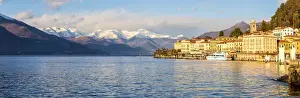 Lake Como Prints: Panoramic view of Bellagio with snowcapped mountains in the background, Lake Como