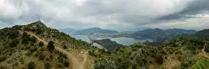 Escape Prints: Panoramic view of camper vans at Dalyan turtle bay in Turkey on a cloudy day