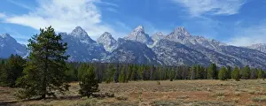 Panoramic view of Cathedral Group from near Teton Glacier Turnout, Grand Teton National Park, Wyoming, United States of America, North America