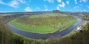 Hiking Trails Prints: Panoramic view over the Elbe River meander from the Konigstein fortress on top of the Elbe sandstone mountains