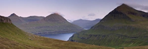 Images Dated 23rd September 2009: Panoramic view of Eysturoy hills from near Funningur, Husafjall at 895m high on the right