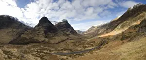 Highland Prints: Panoramic view of Glencoe showing The Three Sisters of Glencoe mountains