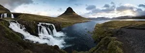 Kirkjufell Prints: Panoramic view of Kirkjufell (Church Mountain) and mountain stream, Grundafjordur