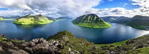 Panoramic view of Kunoy Island ovelooking the ocean from top of Klakkur mountain, Klaksvik, Bordoy Island, Faroe Islands, Denmark, Europe