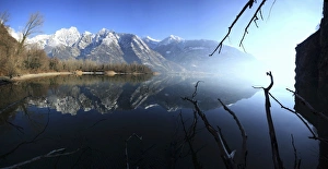Panoramic view of Lake Mezzola in the fall, Chiavenna Valley, Valtellina, Lombardy