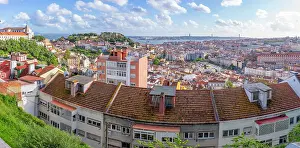 Alfama Prints: Panoramic view of Lisbon from Miradouro da Senhora do Monte scenic point on a sunny day in the Alfama District